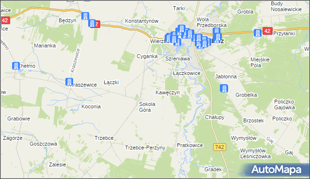 mapa Kawęczyn gmina Masłowice, Kawęczyn gmina Masłowice na mapie Targeo