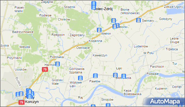 mapa Kawęczyn gmina Nowy Korczyn, Kawęczyn gmina Nowy Korczyn na mapie Targeo