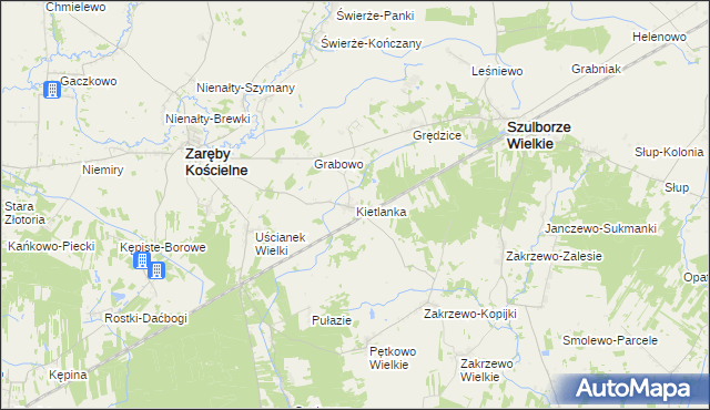 mapa Kietlanka gmina Zaręby Kościelne, Kietlanka gmina Zaręby Kościelne na mapie Targeo