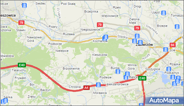 mapa Kleszczów gmina Zabierzów, Kleszczów gmina Zabierzów na mapie Targeo
