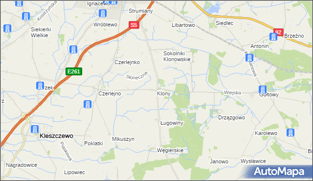 mapa Klony gmina Kostrzyn, Klony gmina Kostrzyn na mapie Targeo