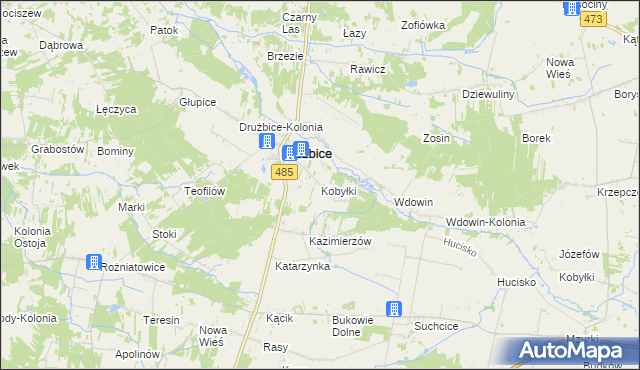 mapa Kobyłki gmina Drużbice, Kobyłki gmina Drużbice na mapie Targeo