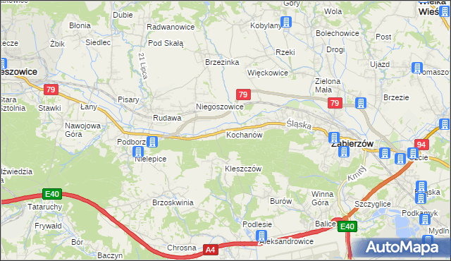 mapa Kochanów gmina Zabierzów, Kochanów gmina Zabierzów na mapie Targeo