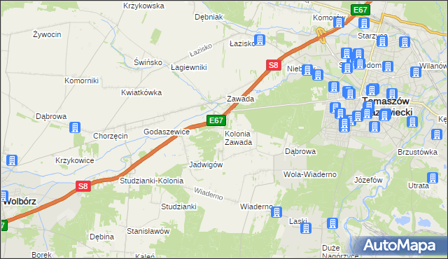 mapa Kolonia Zawada gmina Tomaszów Mazowiecki, Kolonia Zawada gmina Tomaszów Mazowiecki na mapie Targeo