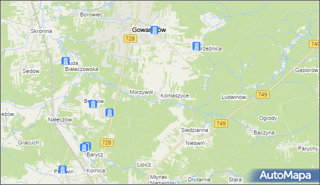 mapa Komaszyce gmina Gowarczów, Komaszyce gmina Gowarczów na mapie Targeo