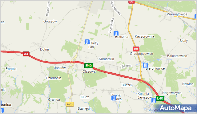 mapa Komorniki gmina Ujazd, Komorniki gmina Ujazd na mapie Targeo