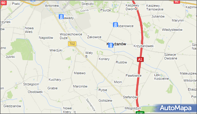 mapa Konary gmina Krzyżanów, Konary gmina Krzyżanów na mapie Targeo