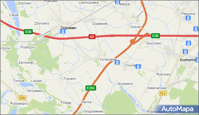 mapa Konarzewo gmina Dopiewo, Konarzewo gmina Dopiewo na mapie Targeo