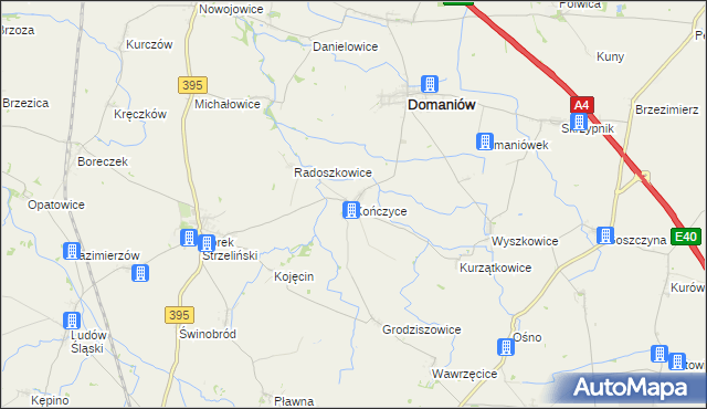 mapa Kończyce gmina Domaniów, Kończyce gmina Domaniów na mapie Targeo