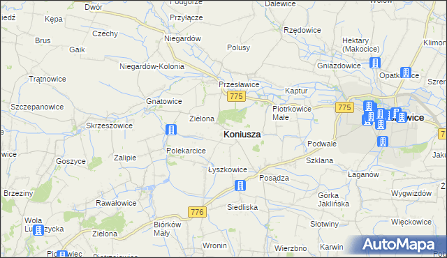 mapa Koniusza powiat proszowicki, Koniusza powiat proszowicki na mapie Targeo