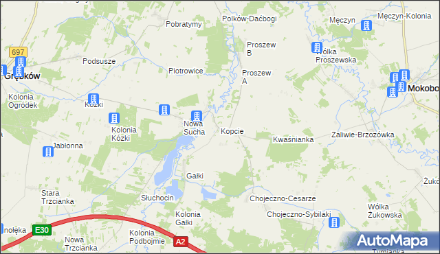 mapa Kopcie gmina Grębków, Kopcie gmina Grębków na mapie Targeo