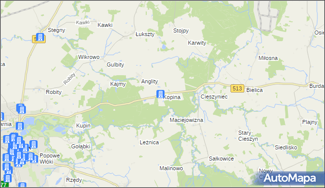 mapa Kopina gmina Pasłęk, Kopina gmina Pasłęk na mapie Targeo