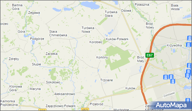 mapa Korkliny, Korkliny na mapie Targeo