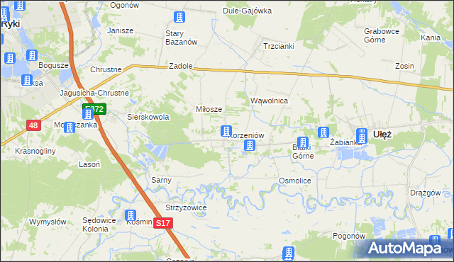 mapa Korzeniów gmina Ułęż, Korzeniów gmina Ułęż na mapie Targeo