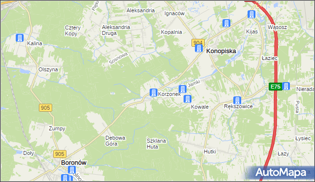 mapa Korzonek gmina Konopiska, Korzonek gmina Konopiska na mapie Targeo