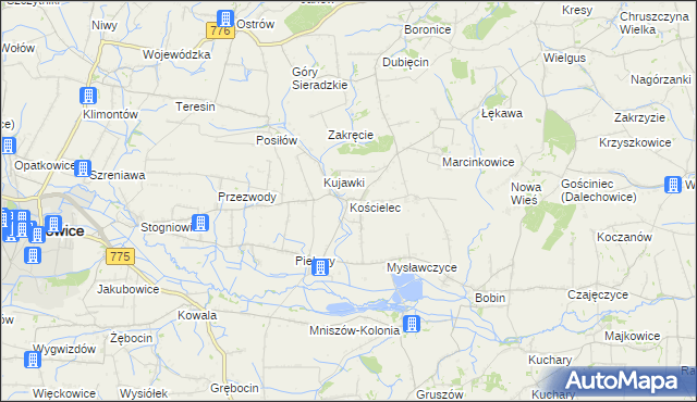 mapa Kościelec gmina Proszowice, Kościelec gmina Proszowice na mapie Targeo
