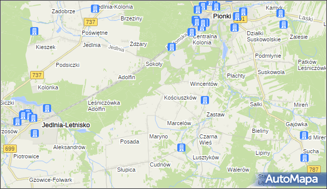 mapa Kościuszków gmina Pionki, Kościuszków gmina Pionki na mapie Targeo