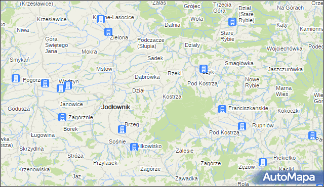 mapa Kostrza gmina Jodłownik, Kostrza gmina Jodłownik na mapie Targeo