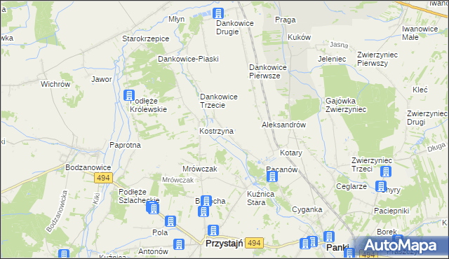 mapa Kostrzyna gmina Panki, Kostrzyna gmina Panki na mapie Targeo