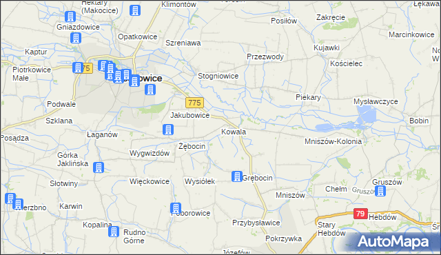 mapa Kowala gmina Proszowice, Kowala gmina Proszowice na mapie Targeo