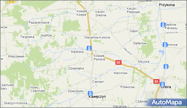 mapa Kowale Pańskie, Kowale Pańskie na mapie Targeo