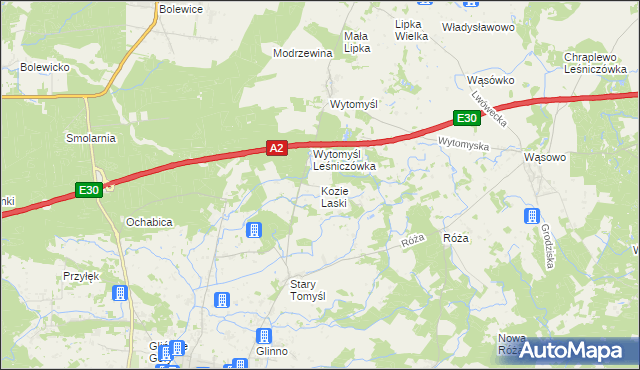 mapa Kozie Laski gmina Nowy Tomyśl, Kozie Laski gmina Nowy Tomyśl na mapie Targeo