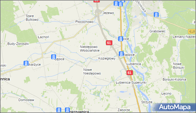 mapa Koziegłowy gmina Pokrzywnica, Koziegłowy gmina Pokrzywnica na mapie Targeo