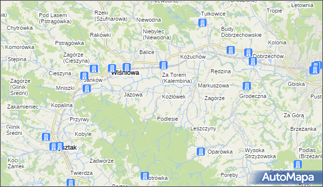 mapa Kozłówek gmina Wiśniowa, Kozłówek gmina Wiśniowa na mapie Targeo