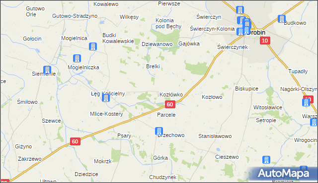 mapa Kozłówko gmina Drobin, Kozłówko gmina Drobin na mapie Targeo