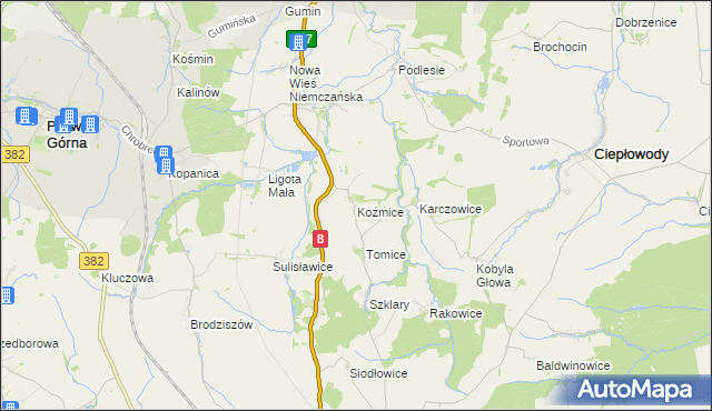 mapa Koźmice, Koźmice na mapie Targeo