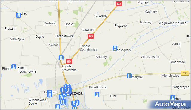 mapa Kozuby gmina Łęczyca, Kozuby gmina Łęczyca na mapie Targeo