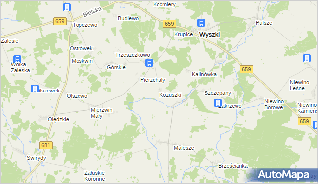 mapa Kożuszki gmina Wyszki, Kożuszki gmina Wyszki na mapie Targeo