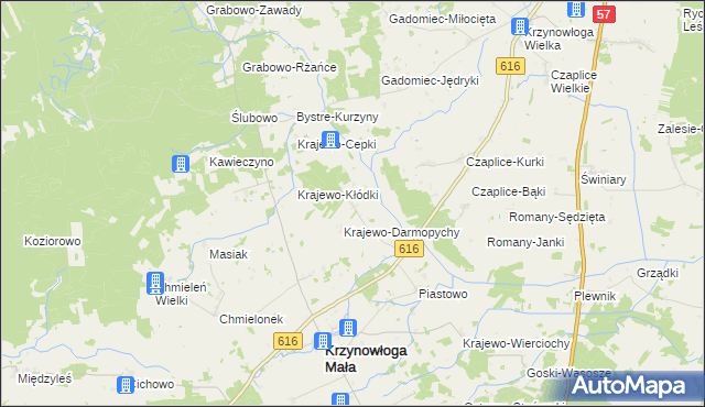 mapa Krajewo Wielkie gmina Krzynowłoga Mała, Krajewo Wielkie gmina Krzynowłoga Mała na mapie Targeo