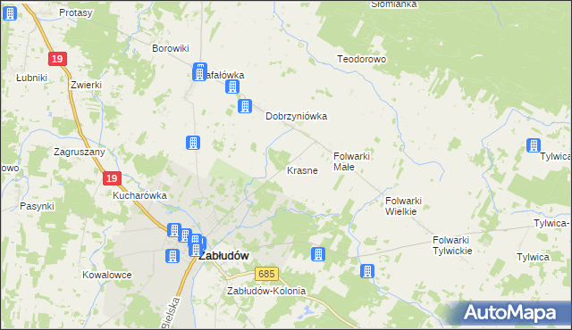 mapa Krasne gmina Zabłudów, Krasne gmina Zabłudów na mapie Targeo