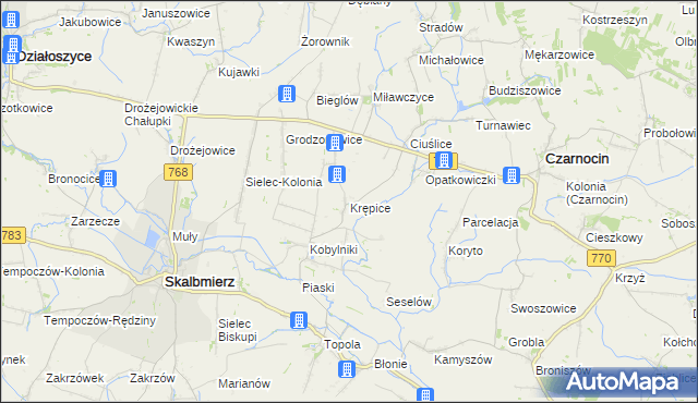 mapa Krępice gmina Skalbmierz, Krępice gmina Skalbmierz na mapie Targeo