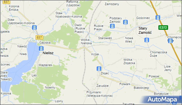 mapa Krzak gmina Nielisz, Krzak gmina Nielisz na mapie Targeo