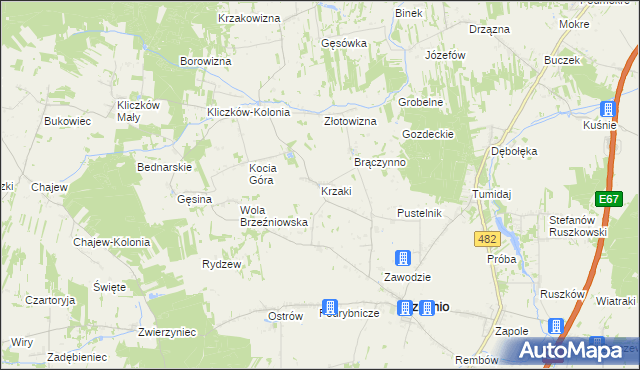 mapa Krzaki gmina Brzeźnio, Krzaki gmina Brzeźnio na mapie Targeo