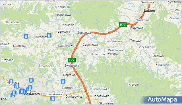 mapa Krzeczów gmina Lubień, Krzeczów gmina Lubień na mapie Targeo