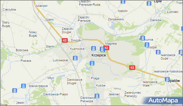 mapa Krzepice powiat kłobucki, Krzepice powiat kłobucki na mapie Targeo