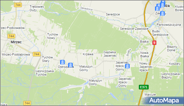 mapa Krzewa gmina Mirzec, Krzewa gmina Mirzec na mapie Targeo