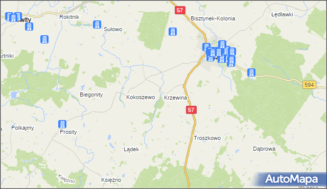 mapa Krzewina gmina Bisztynek, Krzewina gmina Bisztynek na mapie Targeo