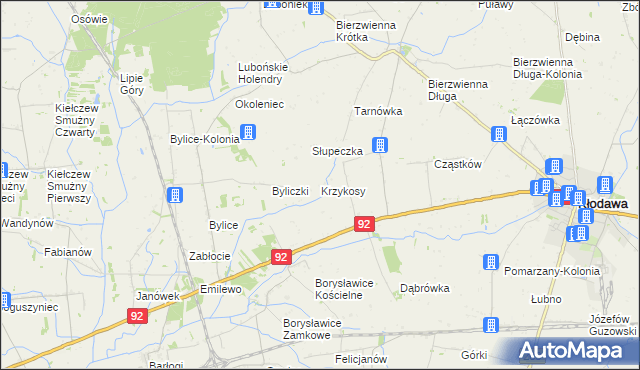 mapa Krzykosy gmina Kłodawa, Krzykosy gmina Kłodawa na mapie Targeo