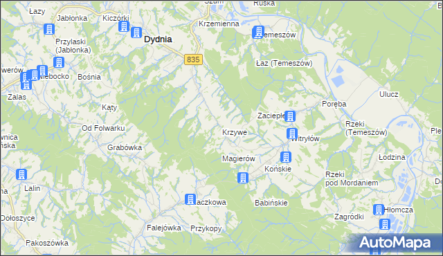 mapa Krzywe gmina Dydnia, Krzywe gmina Dydnia na mapie Targeo