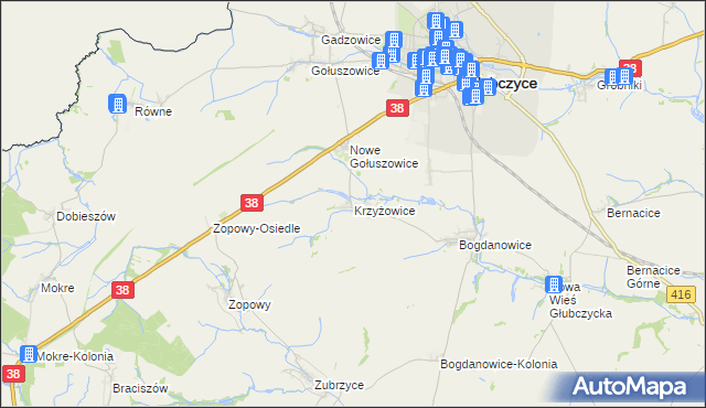 mapa Krzyżowice gmina Głubczyce, Krzyżowice gmina Głubczyce na mapie Targeo