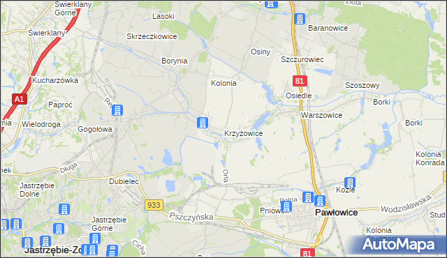 mapa Krzyżowice gmina Pawłowice, Krzyżowice gmina Pawłowice na mapie Targeo