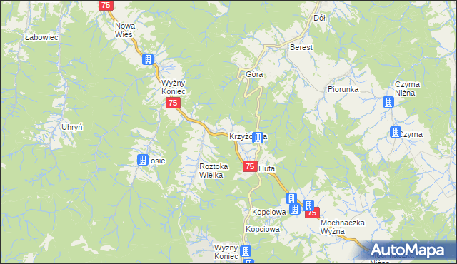 mapa Krzyżówka gmina Łabowa, Krzyżówka gmina Łabowa na mapie Targeo