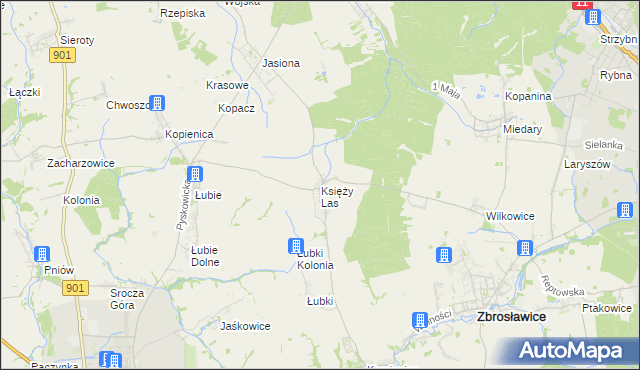 mapa Księży Las gmina Zbrosławice, Księży Las gmina Zbrosławice na mapie Targeo