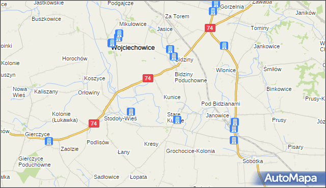 mapa Kunice gmina Wojciechowice, Kunice gmina Wojciechowice na mapie Targeo