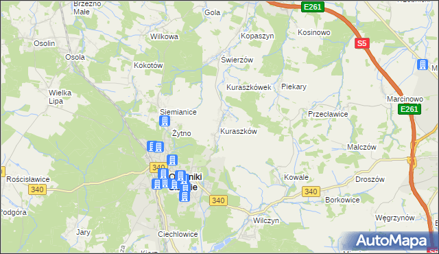 mapa Kuraszków gmina Oborniki Śląskie, Kuraszków gmina Oborniki Śląskie na mapie Targeo