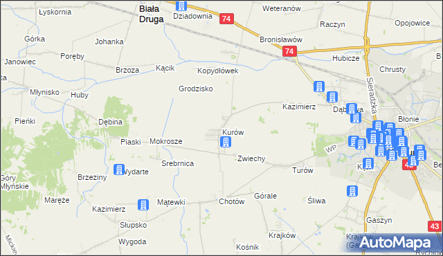 mapa Kurów gmina Wieluń, Kurów gmina Wieluń na mapie Targeo